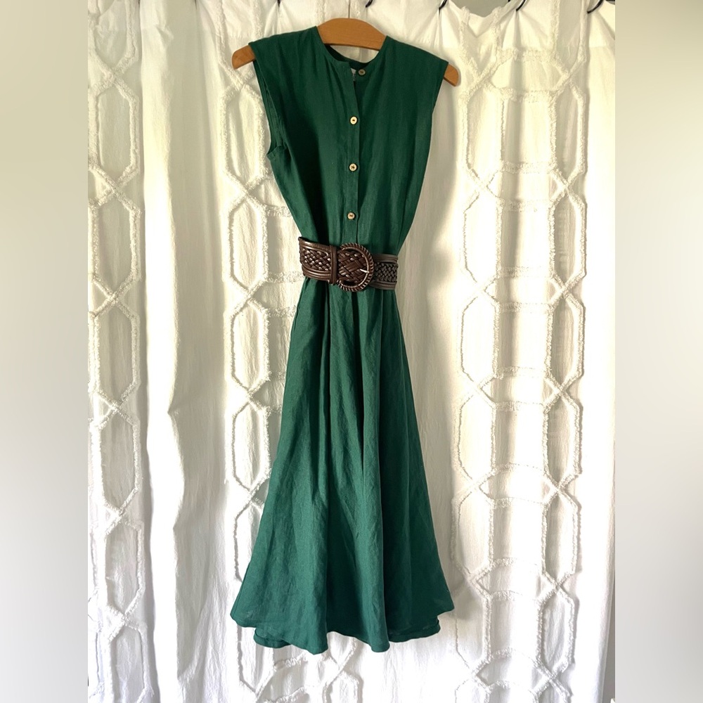 Sleeveless Deep Green Linen Midi Dress